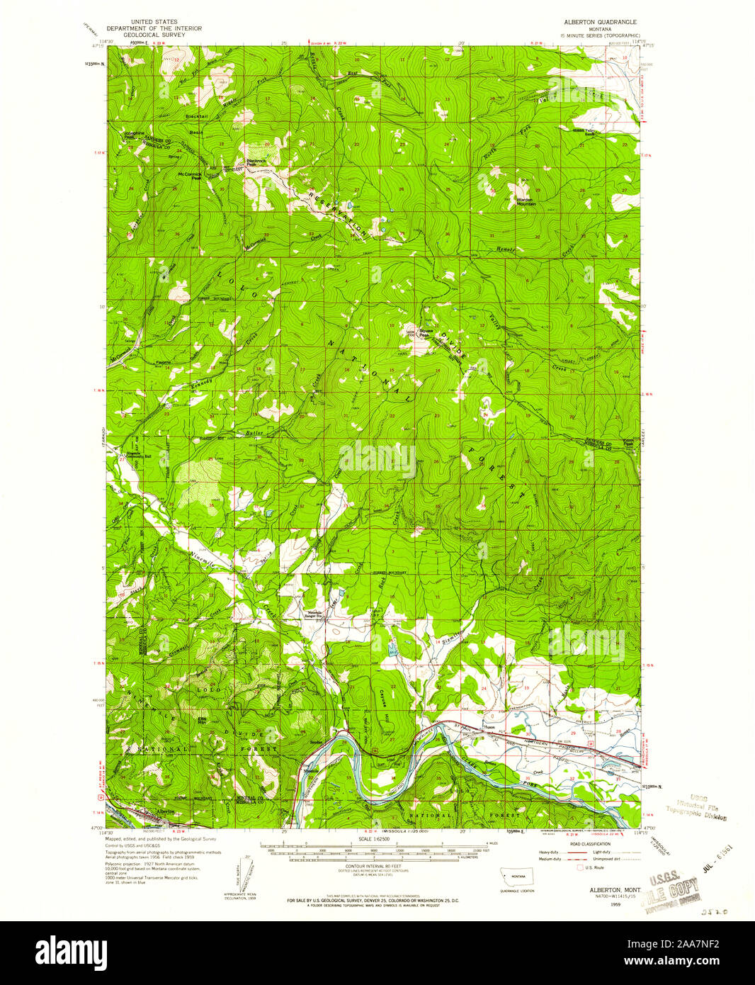 USGS TOPO Map Montana MT Alberton 267801 1959 62500 Restoration Stock Photo
