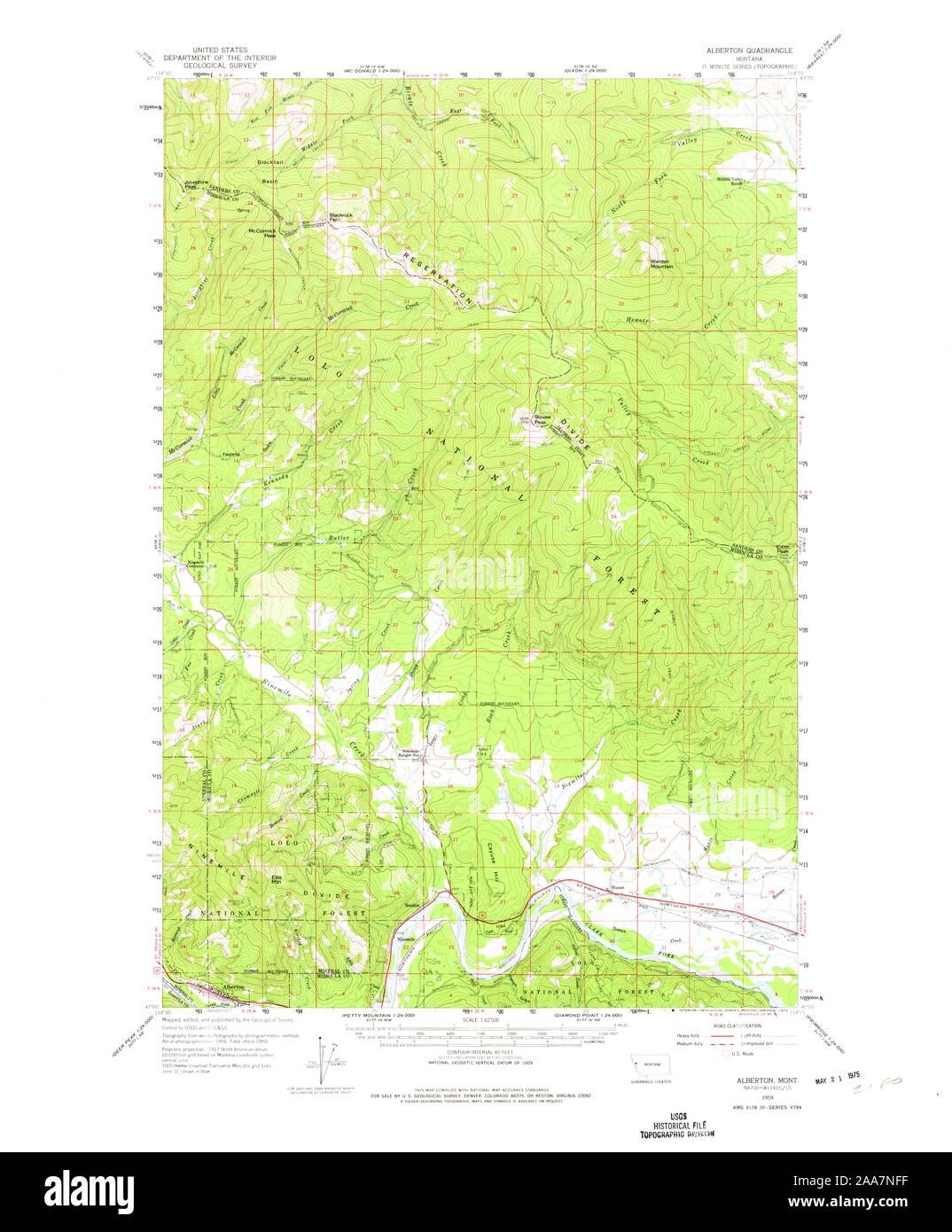 USGS TOPO Map Montana MT Alberton 267802 1959 62500 Restoration Stock Photo
