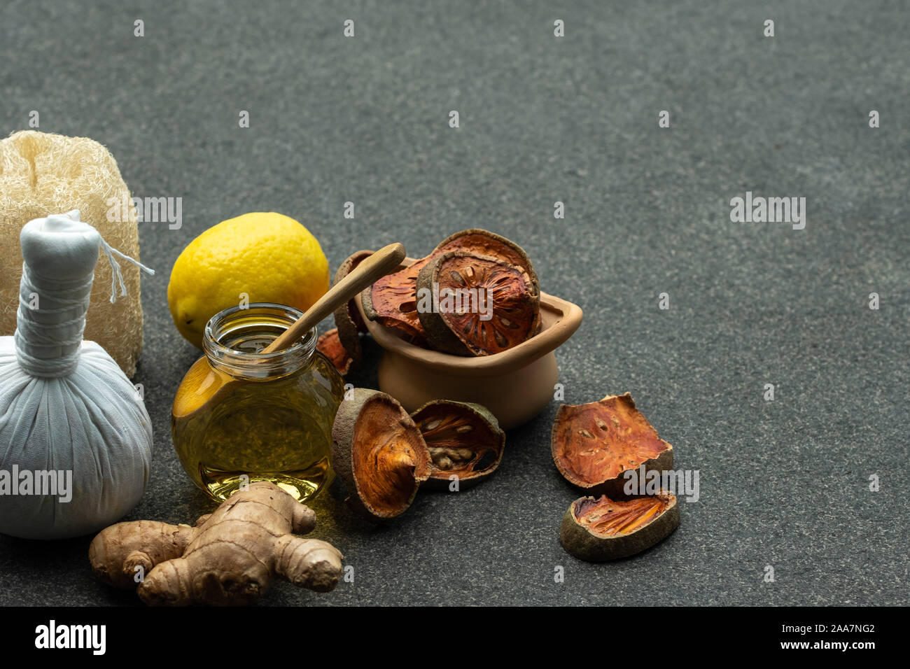 Natural medicine for spa therapy.Alternative medical lifestyle such as honey lemon ginger scrubber aroma and organic product for relax in Thailand and Stock Photo