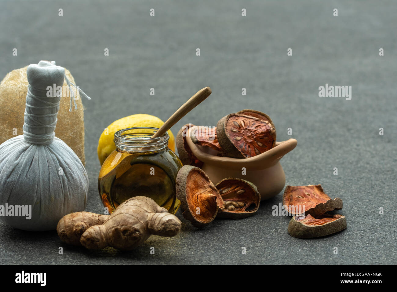 Natural medicine for spa therapy.Alternative medical lifestyle such as honey lemon ginger scrubber aroma and organic product for relax in Thailand and Stock Photo