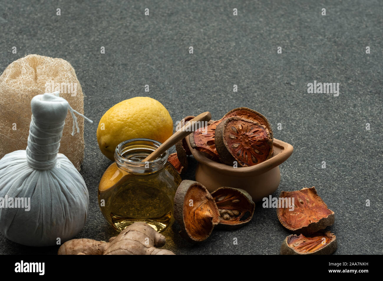 Natural medicine for spa therapy.Alternative medical lifestyle such as honey lemon ginger scrubber aroma and organic product for relax in Thailand and Stock Photo