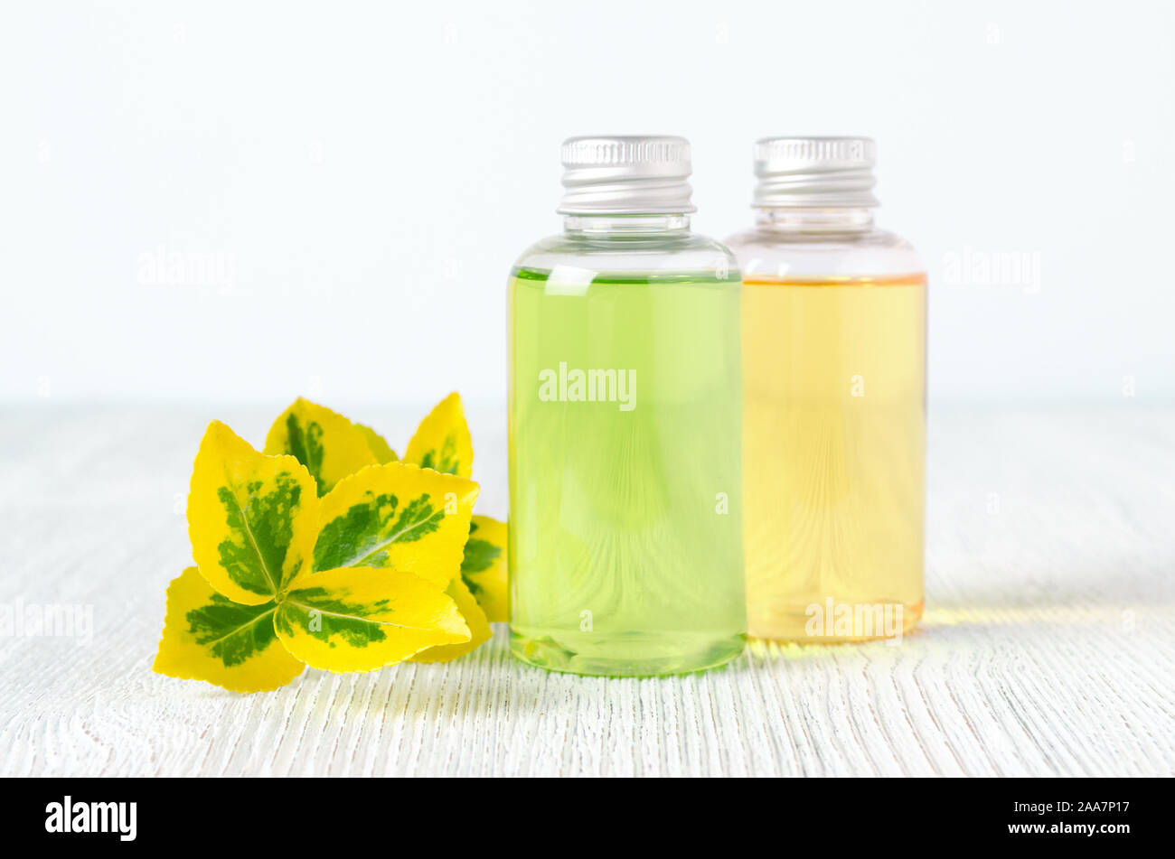 bottles of natural shower gel and shampoo with plants Stock Photo Alamy