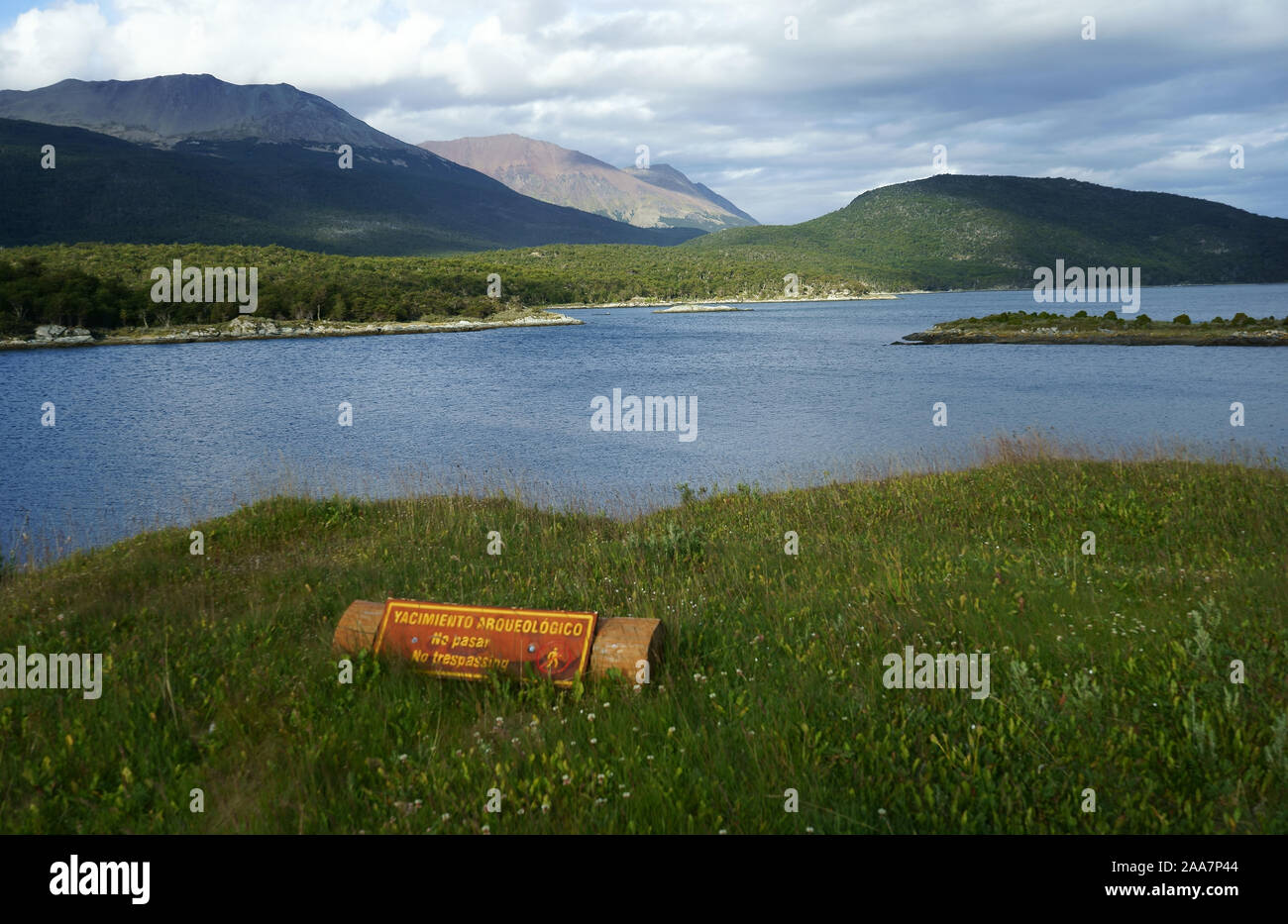 Bahia Lapataia with archaeological site sign, Tierra del Fuego National Park, Argentina Stock Photo