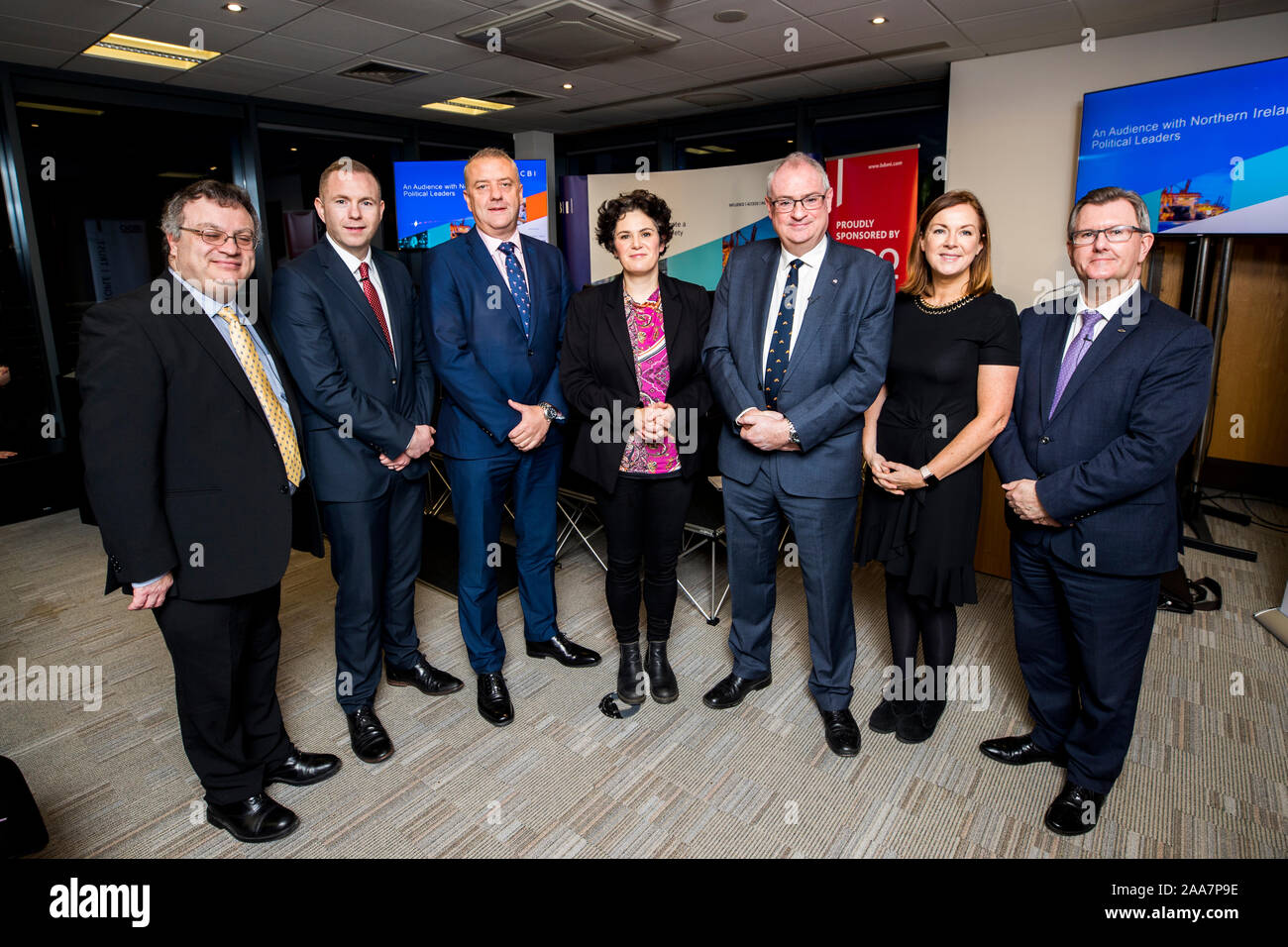 (left to right) Dr Stephen Farry, Chris Hazzard, Trevor Lockhart CBI NI chair and CEO of Fane Valley, Claire Hanna, Dr Steve Aiken, Angela McGowan CBI NI director and Sir Jeffrey Donaldson during the CBI NI business election hustings at the Law Society of Northern Ireland. Stock Photo