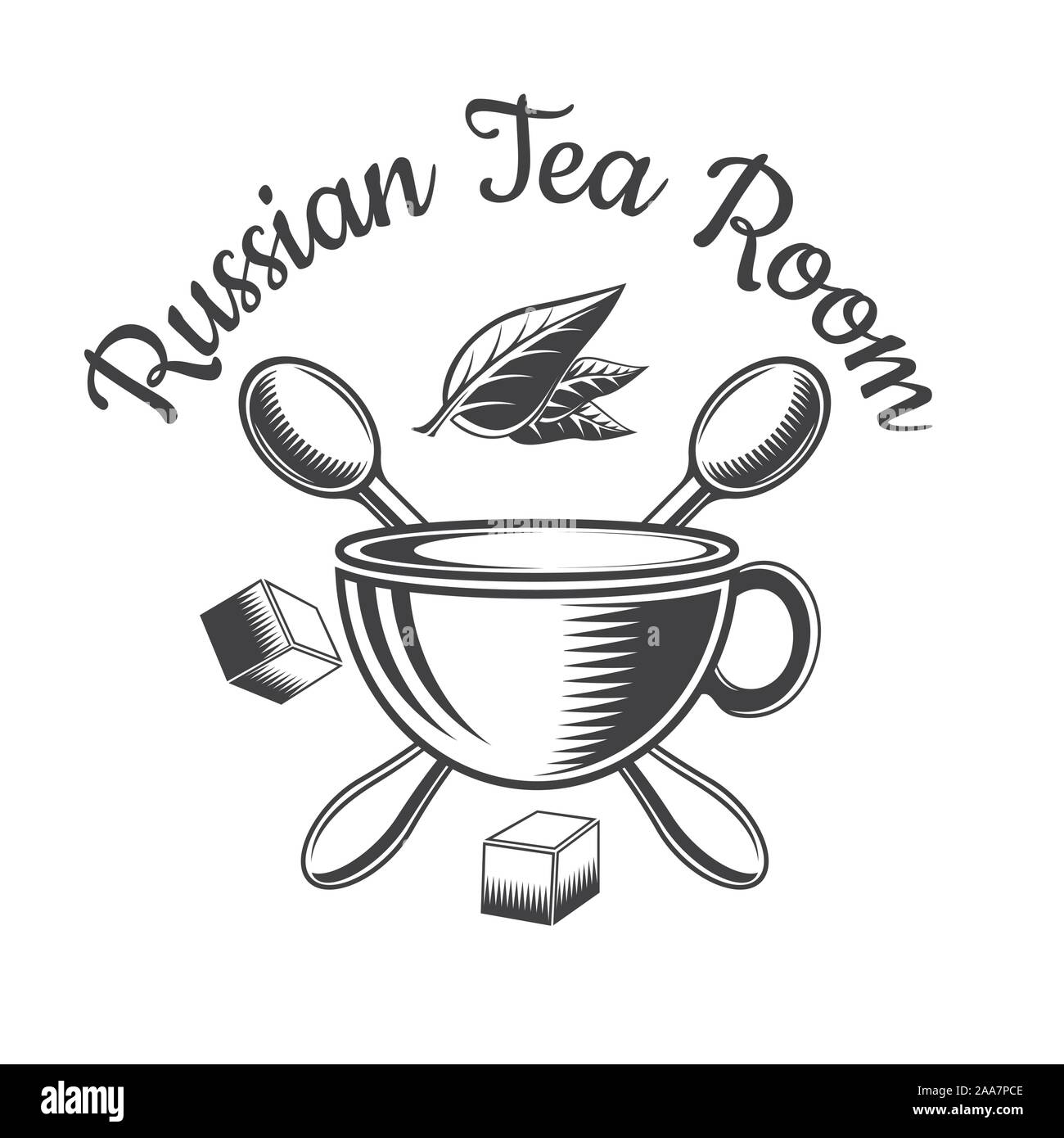 Cup with tea leaves and cross spoons. Logo for cafe, teahouse, Russian teahouse or business Stock Vector