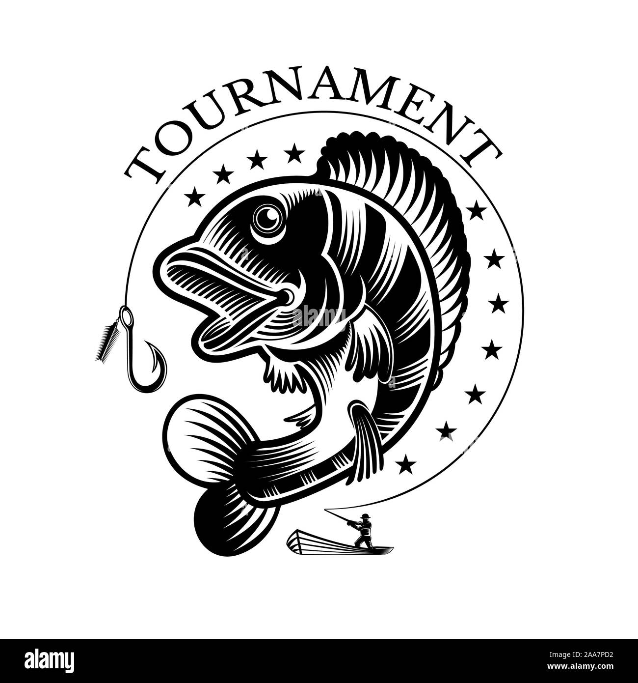 Perch fish and fishman with fishing rod in engrving style. Label for fishing, championship and sport club on white Stock Vector