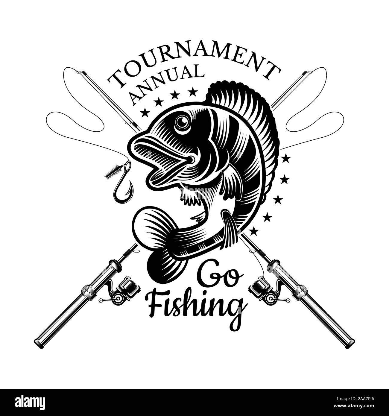 Perch fish bend with crossed fishing rod in engrving style. Label for fishing, championship and sport club on white Stock Vector