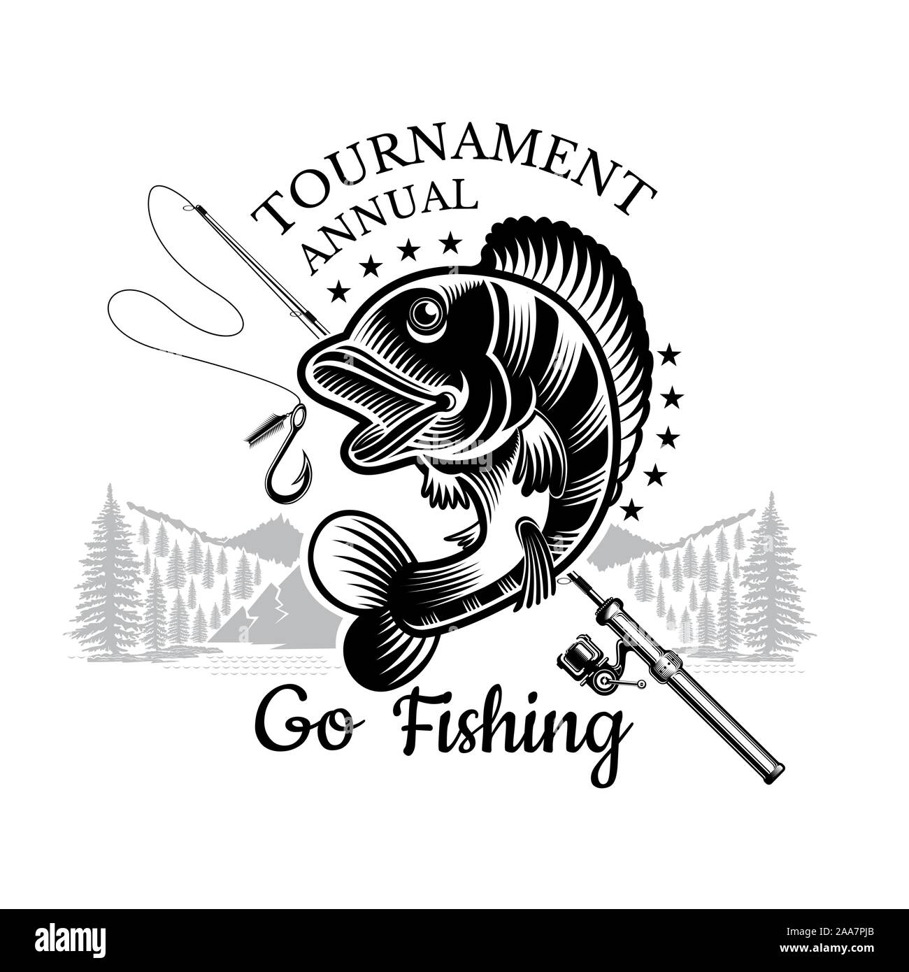 Perch fish bend with fishing rod and landscape backside in engrving style. Label for fishing, championship and sport club on white Stock Vector