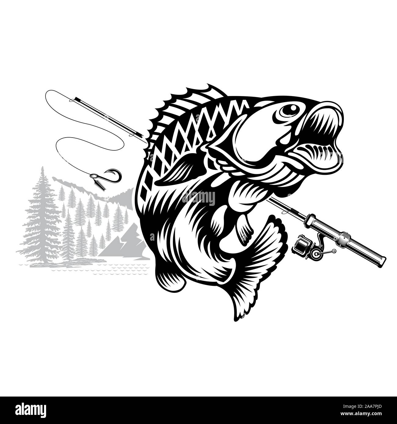 Perch fish bend in engrving style with spinning. Label for fishing, championship and sport club on white Stock Vector
