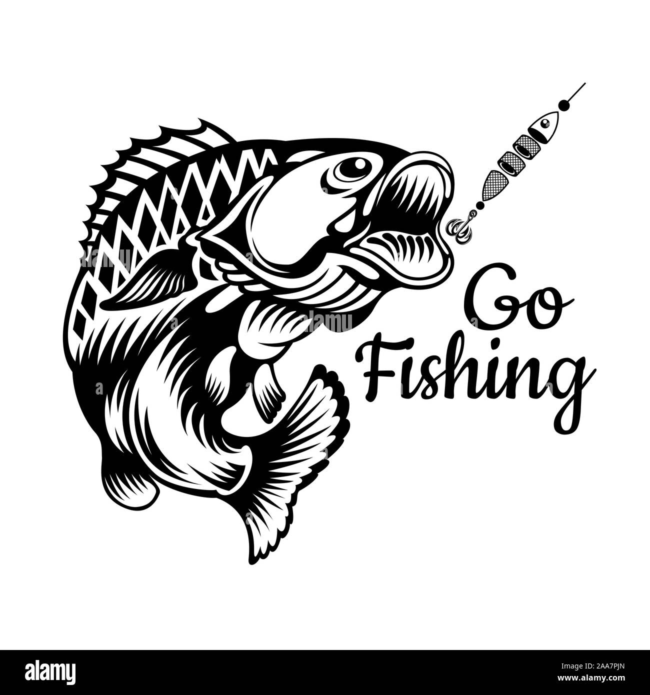 Perch fish bend in engrving style. Label for fishing, championship and sport club on white Stock Vector