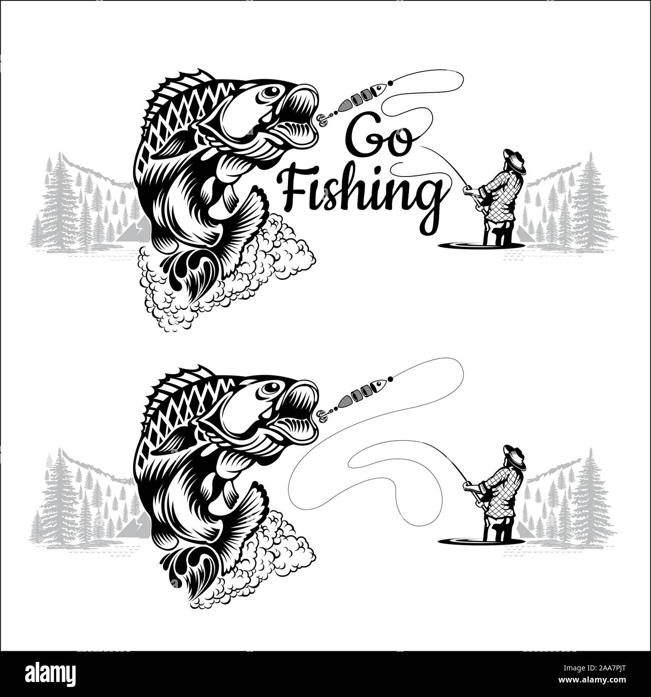 Perch fish bend with fisher and landscape in engrving style. Label for fishing, championship and sport club on white Stock Vector