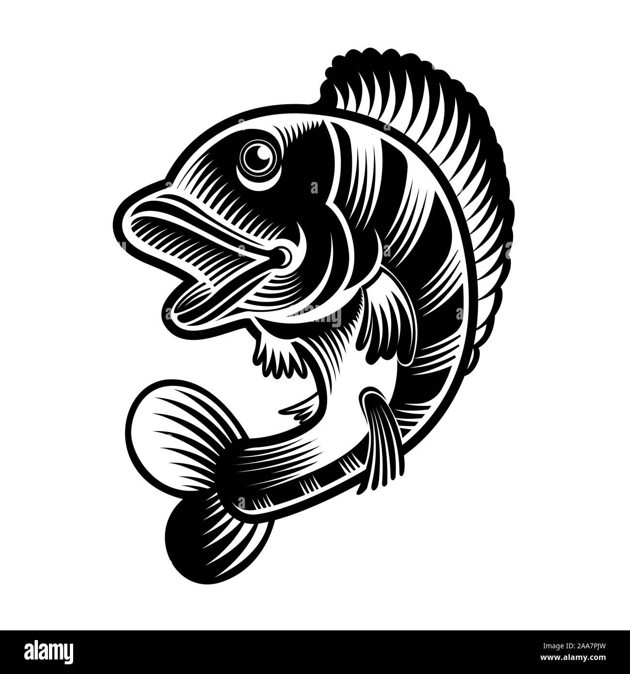 Perch or bass fish silhouette in engrving style. Logo for fishing, menu and other business Stock Vector