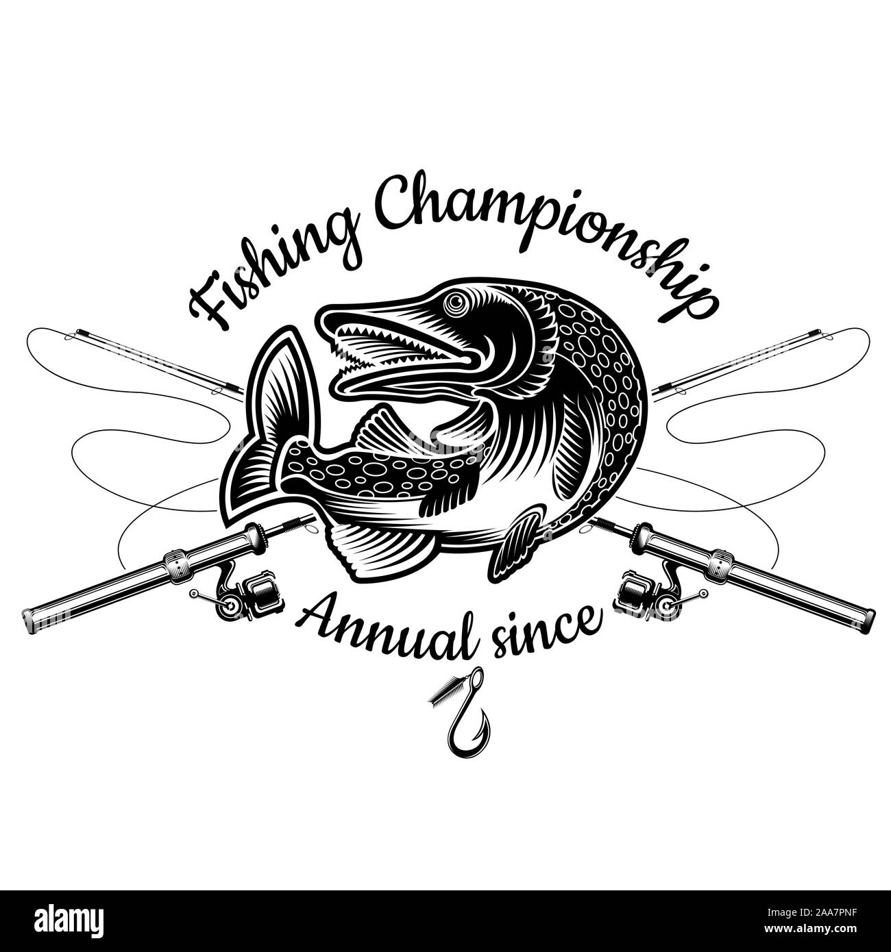Pike fish bend with crossed fishing rod in engrving style. Label for fishing, championship and sport club on white Stock Vector