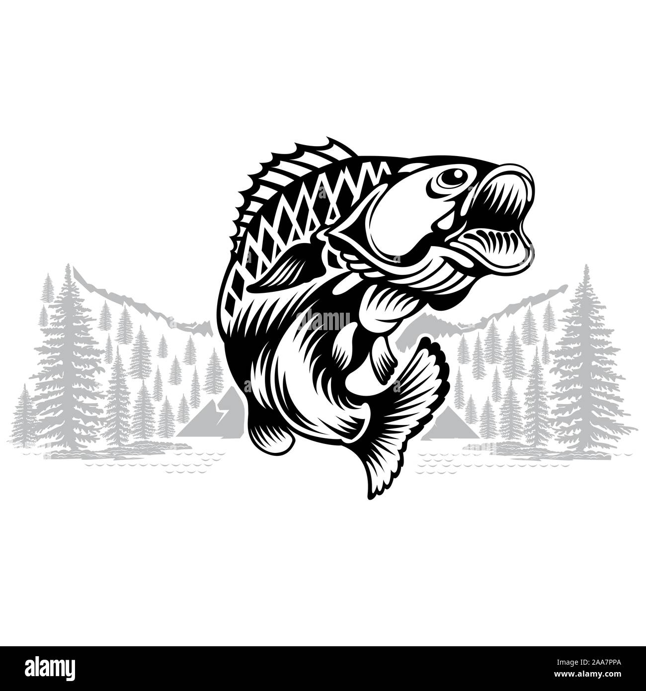 Perch fish bend in engrving style with landscape. Label for fishing, championship and sport club on white Stock Vector