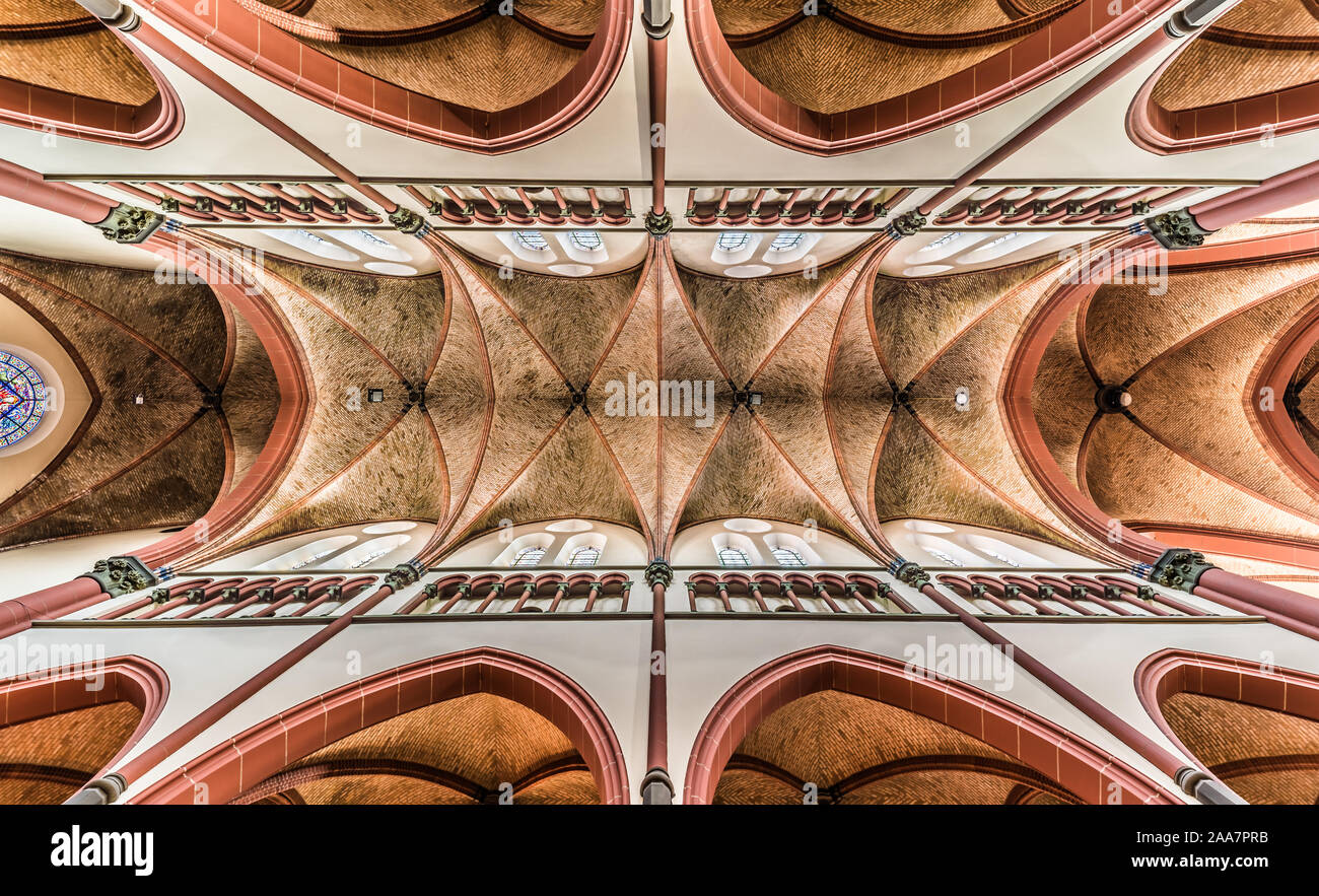 Ultra wide angle view of the Saint Jean Baptiste catholic neo gothical church in Jette, Brussels Stock Photo