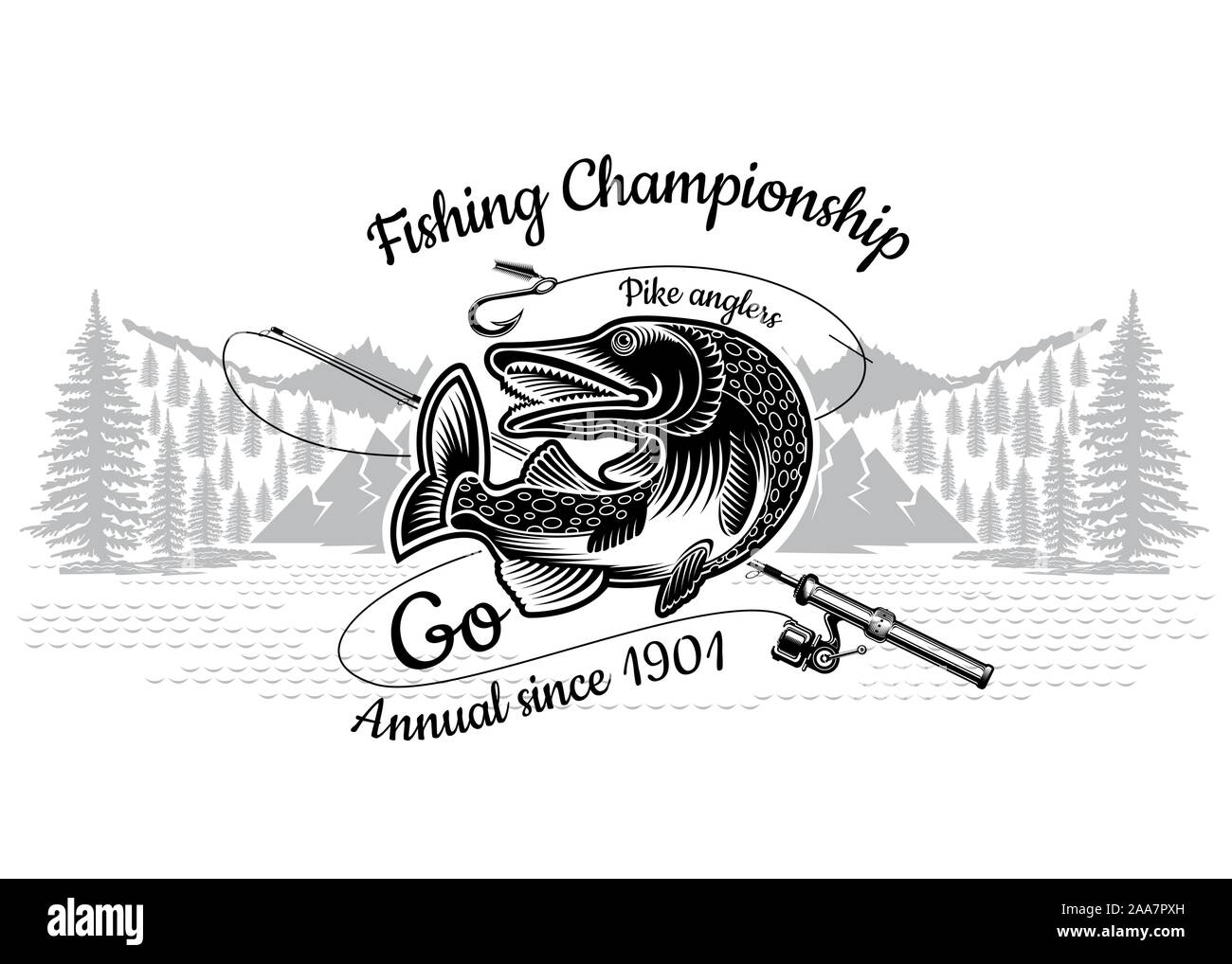 Pike fish bend with crossed fishing rod with landscape in engrving style. Label for fishing, championship and sport club on white Stock Vector