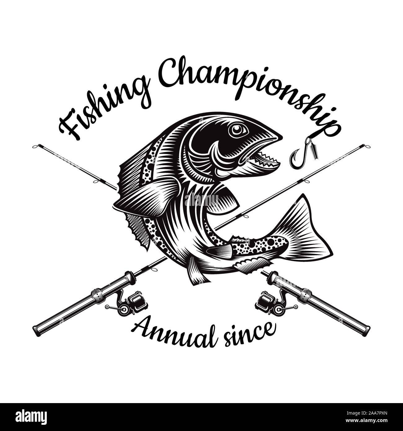 Salmon fish bend silhouette with crossed fishing rod in engrving style. Label for fishing, championship and sport club on white Stock Vector
