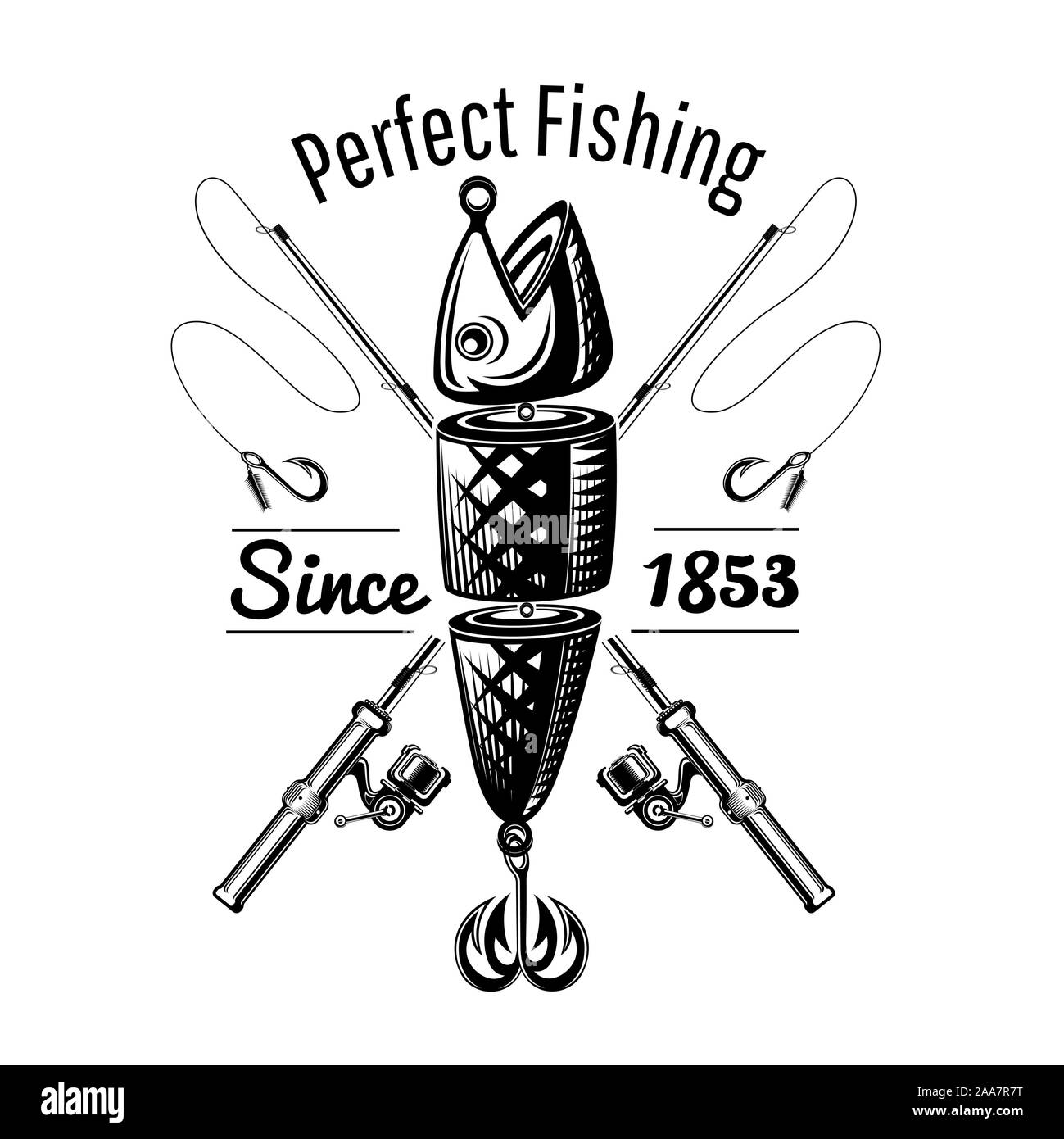 Spoon-bait fish with crossed fishing rods in engraving style. Label for fishing or fishing shop on white Stock Vector