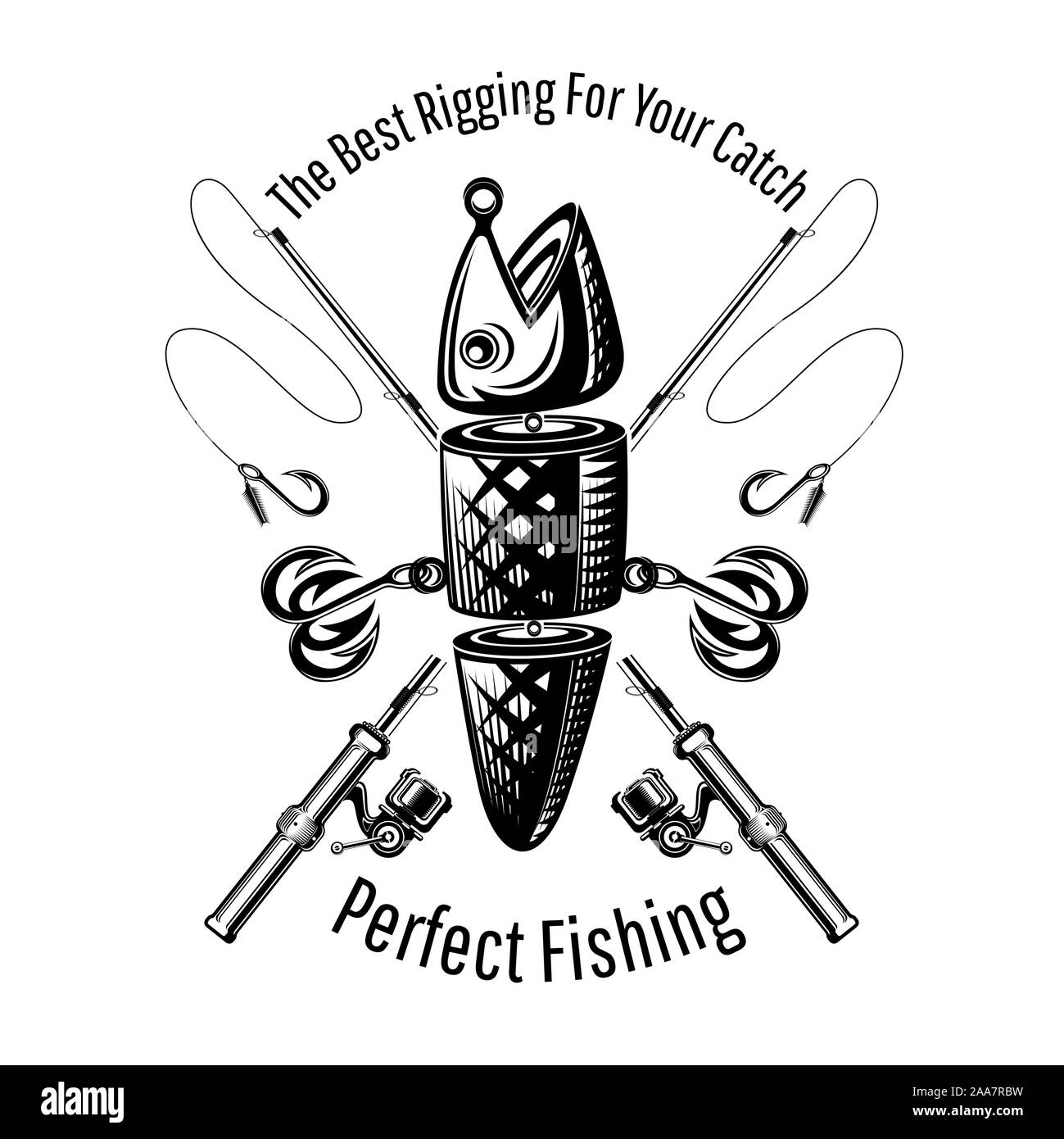 Spoon-bait fish with two hooks and crossed fishing rods in engraving style. Label for fishing or fishing shop on white Stock Vector