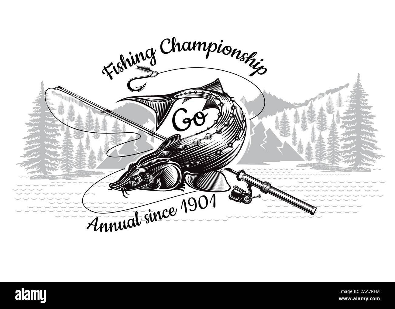 Sturgeon fish bend silhouette with crossed fishing rod with landscape in engrving style. Label for fishing, championship and sport club on white Stock Vector