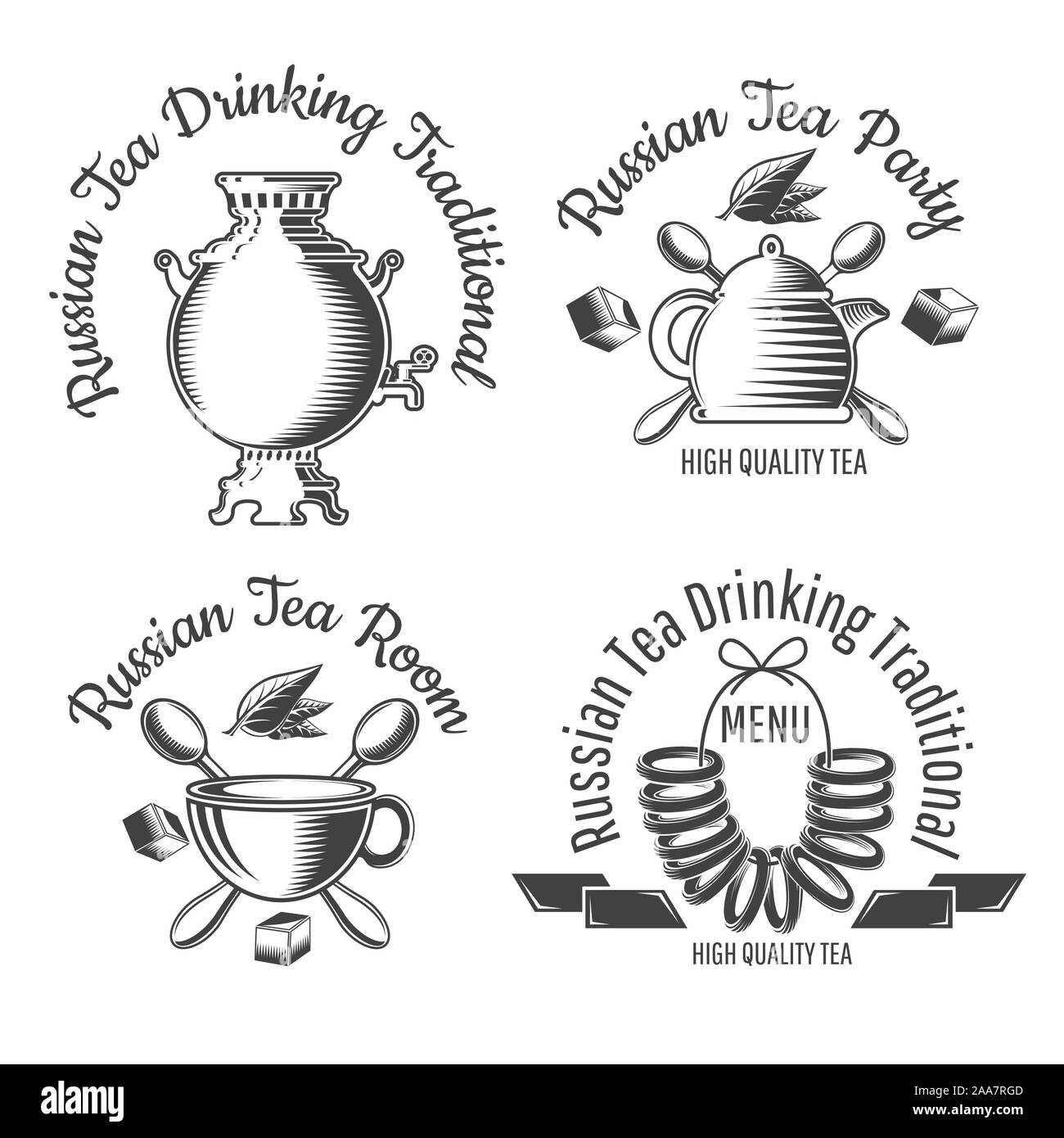 Sweet dry roll bread on the string, samovar, teapot and cup. Set Russiaan tea tradition logo for cafe, teahouse, tea party, bakery or business Stock Vector