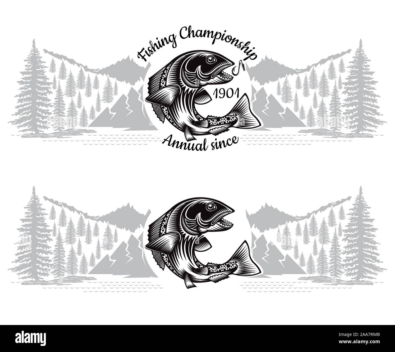 Two banners with salmon fish bend silhouette with crossed fishing rod in engrving style with landscape. Label for fishing, championship and sport club Stock Vector