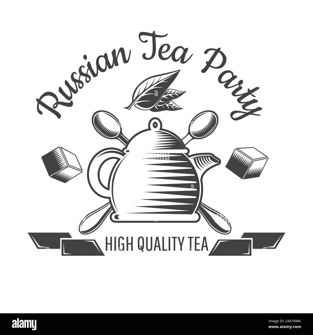 Teapot with ribbons and cross spoons. Logo for cafe, teahouse, Russian teahouse or business Stock Vector