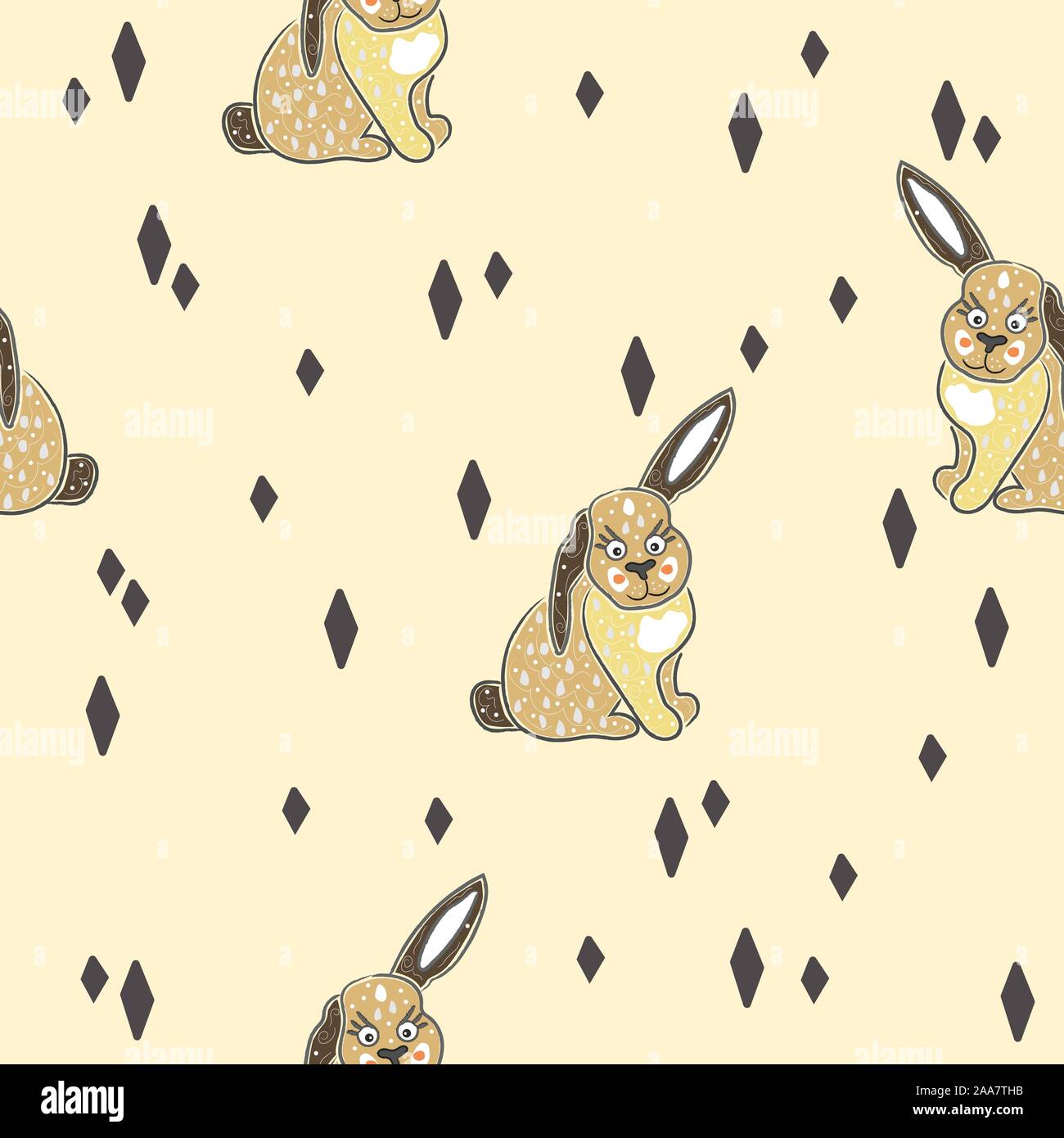 Seamless Pattern with cute bunnies. Hand Drawn cartoon Style. Vector ...