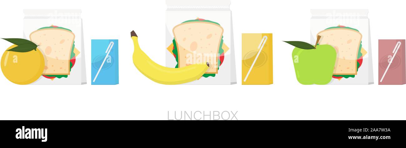 Lunchbox set. Box with food. Lunch box with apple and orange, banana. Vector Stock Vector