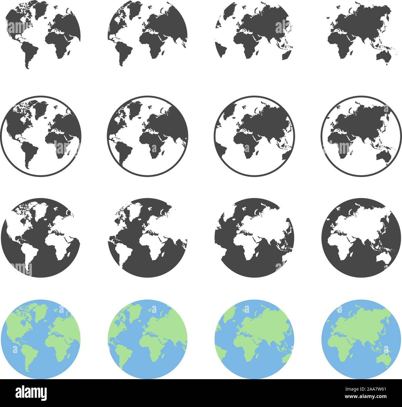 Set of earth globe icons in flat and linear design on a white ...