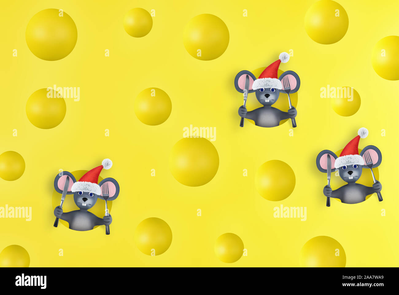 Cheese with mices. Cartoon cute rat, symbol of 2020 year. Chinese New Year. 3d render Stock Photo