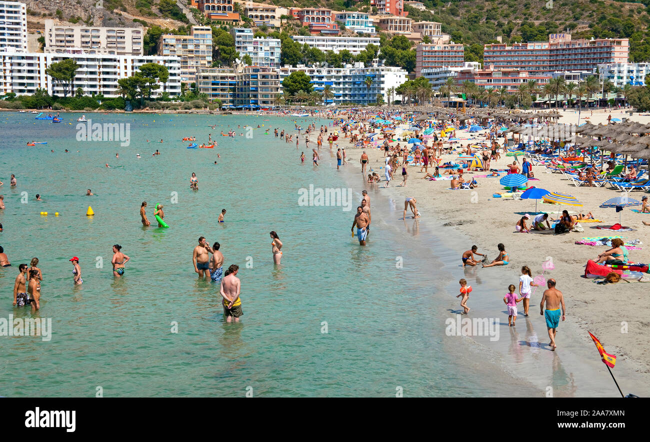 Overtourism. crowded beach in Santa Ponca, Mallorca, Baearic islands, Spain Stock Photo