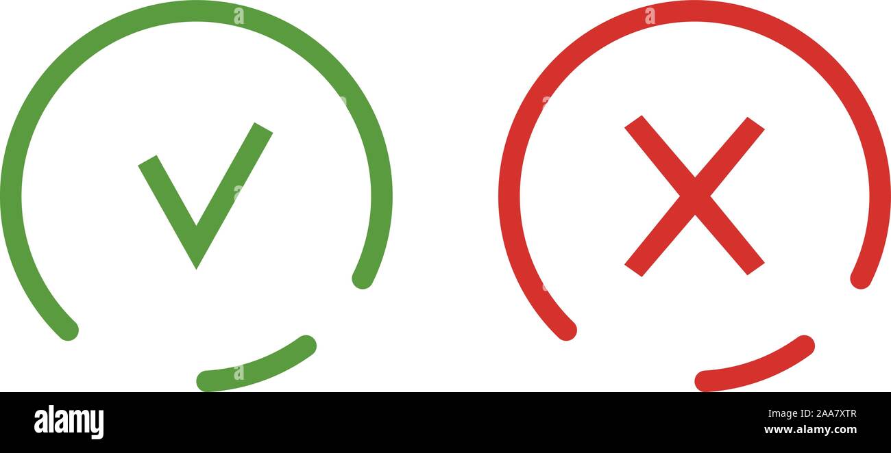 Check mark and cross icon isolated. Symbol green and red colored. Icons in linear style. Vector illustration Stock Vector