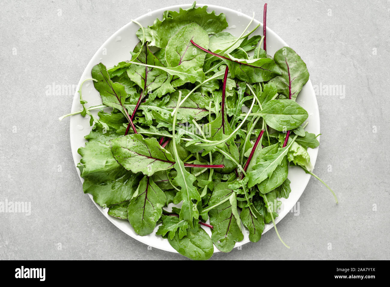 Fresh salad with mix of green leaves of arugula, beets and baby spinach Stock Photo