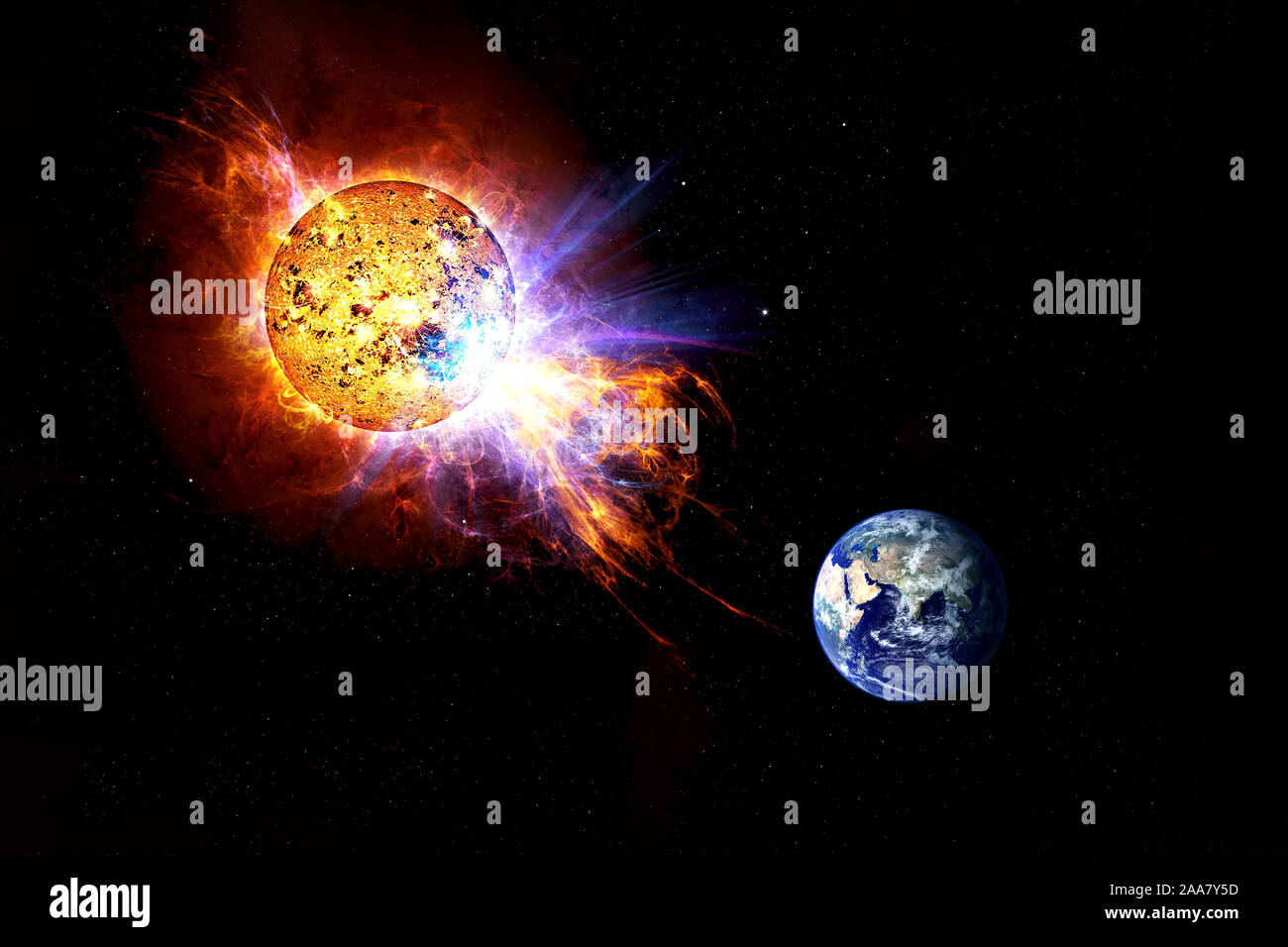 Solar storms tend to land. On a dark background. Elements of this image were furnished by NASA. Stock Photo