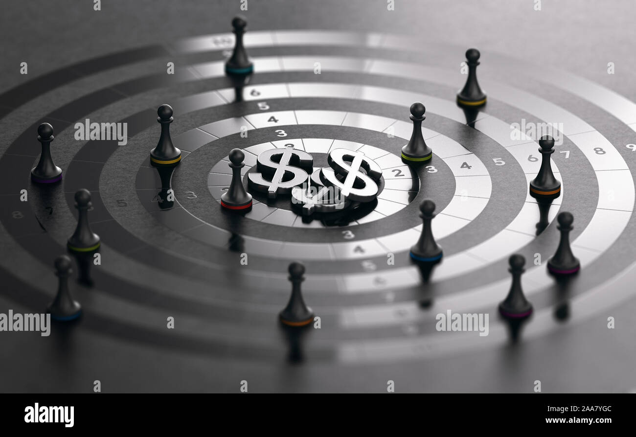 Pawns and target with dollar symbols at the center over black background. Sales rep incentive program. Representatives performance bonuses concept. Stock Photo