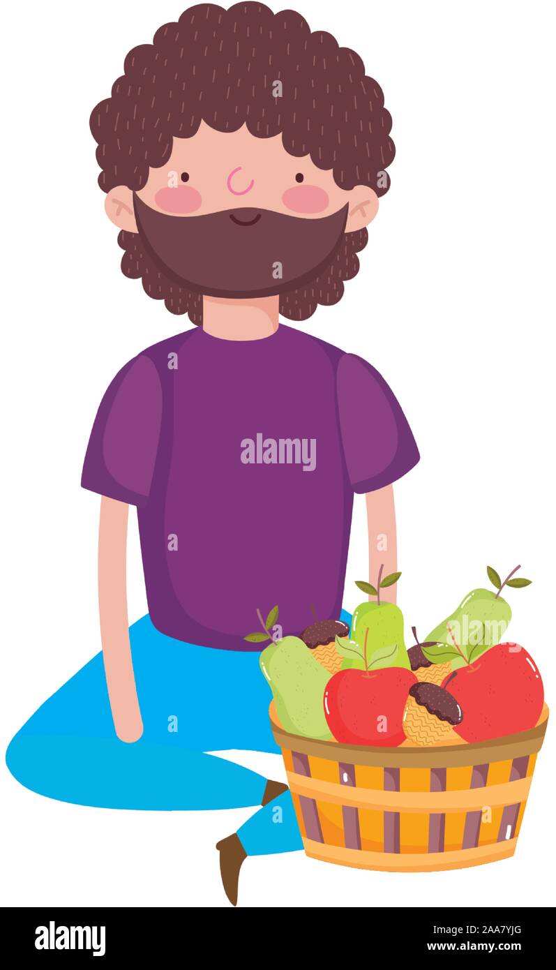 happy thanksgiving day man sitting with basket filled fruits vector ...