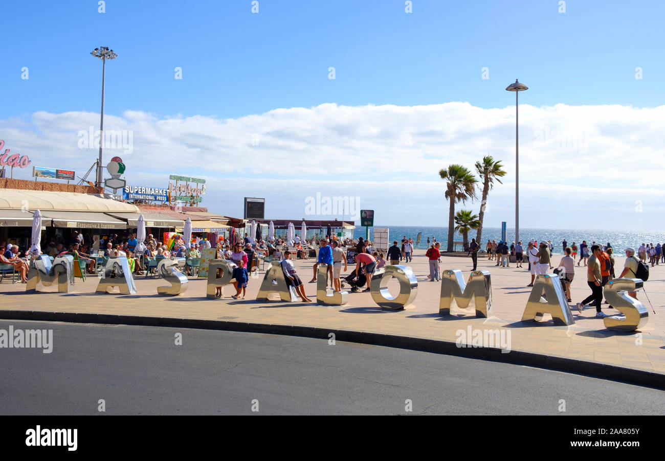 MASPALOMAS, SPAIN - JANUARY 23, 2019: A view of the promenade of Playa del Ingles, in Maspalomas, Gran Canaria, in the Canary Islands, Spain, a popula Stock Photo