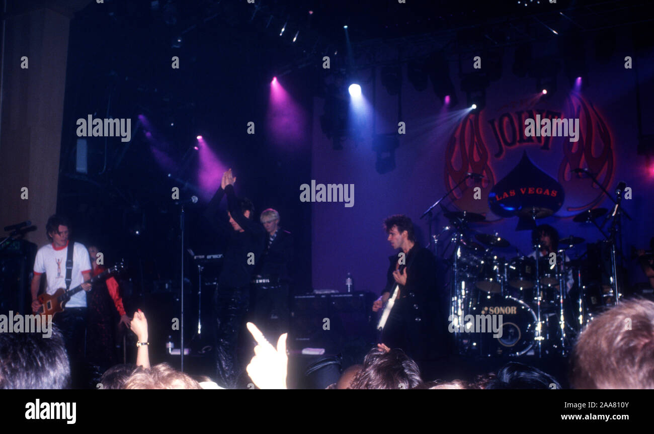 Las Vegas, Nevada, USA 10th March 1995 (L-R) Musicians John Taylor, Nick Rhodes, Warren Cuccurullo and Simon Le Bon of Duran Duran attend the Grand Opening Celebration of the Hard Rock Hotel hosted by Peter Morgan on March 10, 1995 at The Hard Rock Hotel Las Vegas in Las Vegas, Nevada, USA. Photo by Barry King/Alamy Stock Photo Stock Photo