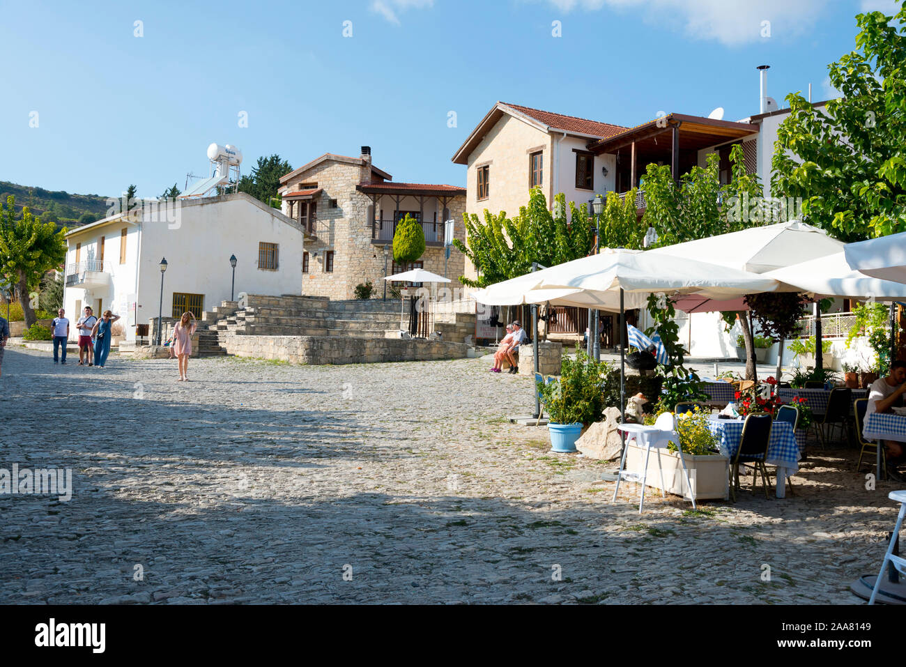 Cobbled streets in the  picturesque village of Omodos in the Troodos Mountains, Cyprus with whitewashed houses, narrow streets. Stock Photo