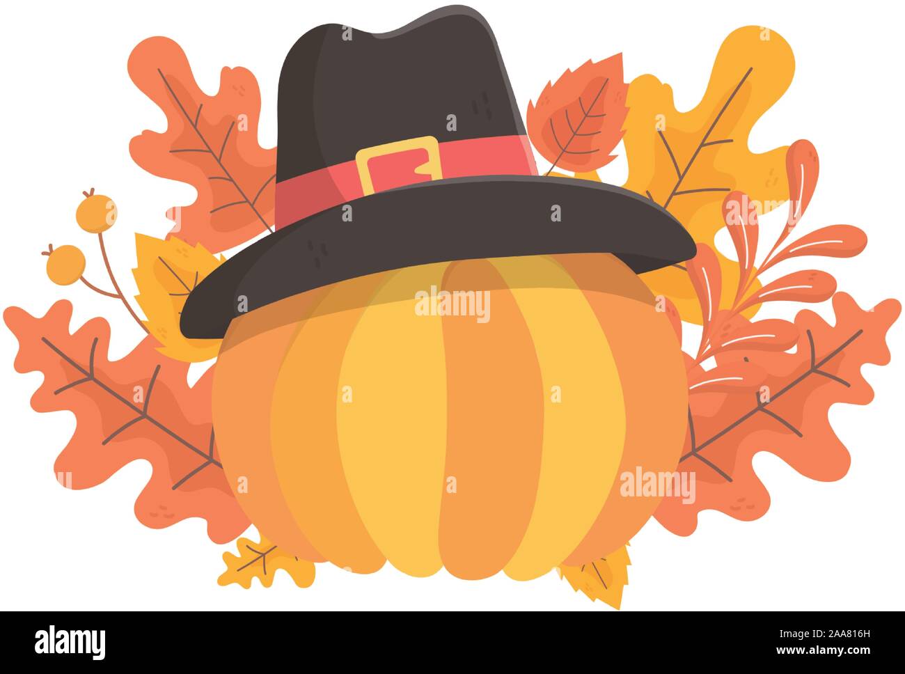 happy thanksgiving day pumpkin with pilgrim hat fall leaves vector ...
