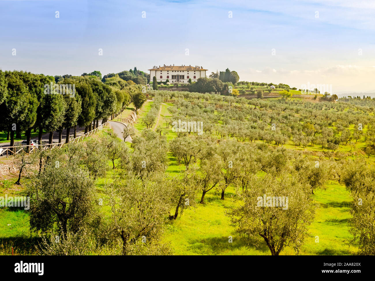Artimino, Tuscany, Italy, amazing landscape view of beautiful landmark Medici Villa La Ferdinanda or Cento Camini facade amongst green olive trees Stock Photo