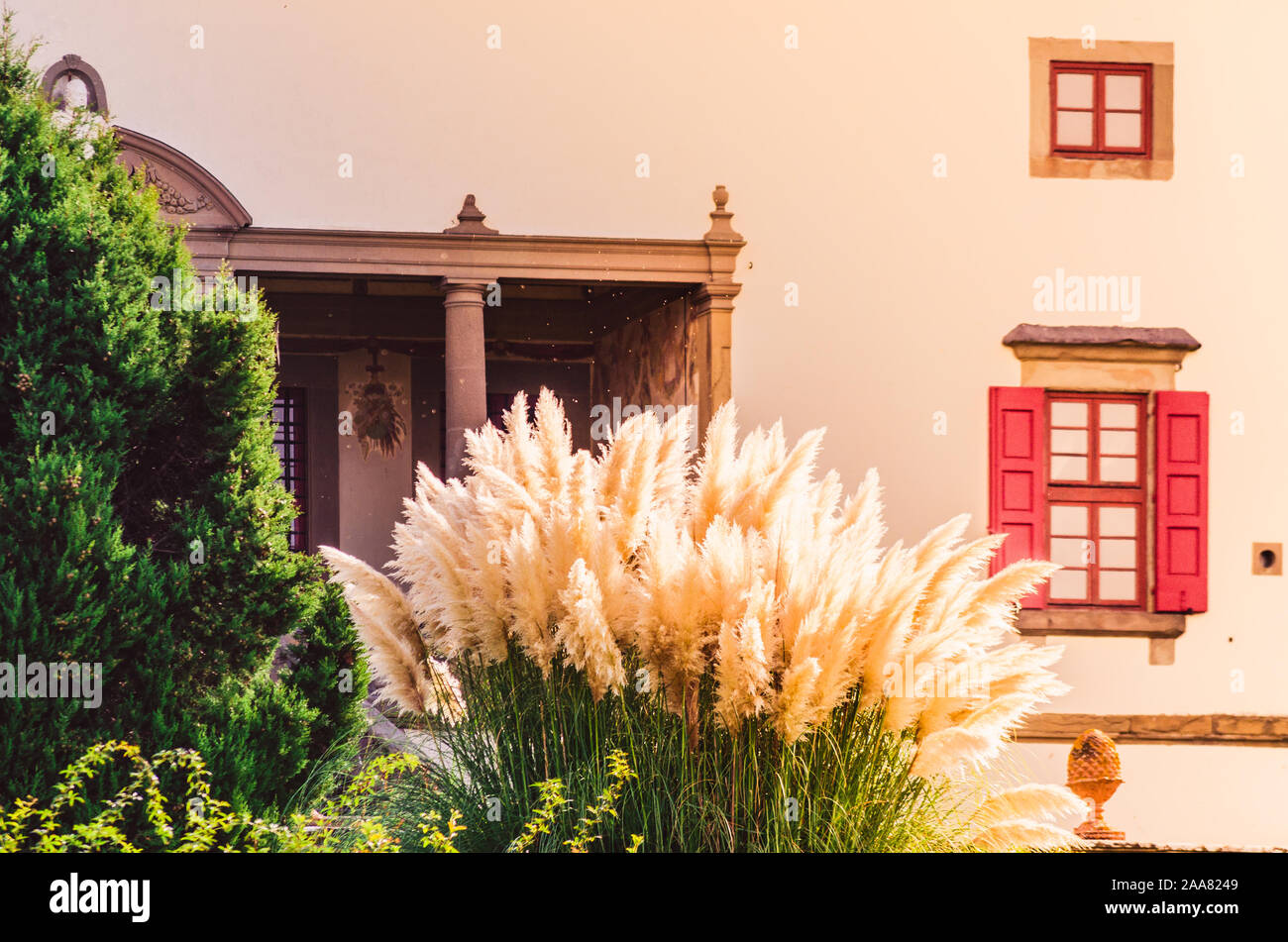 Artimino, Tuscany, Italy, beautiful medici villa La Ferdinanda or Cento Camini front facade detail in its elegant evergreen garden Stock Photo