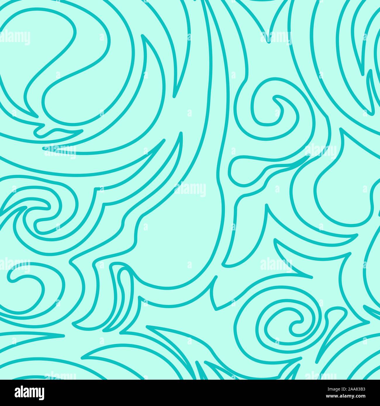 Seamless turquoise texture of spirals and curls in a linear style. Marine pattern in pastel colors. Spiral curls and whirlwind. Stock Vector