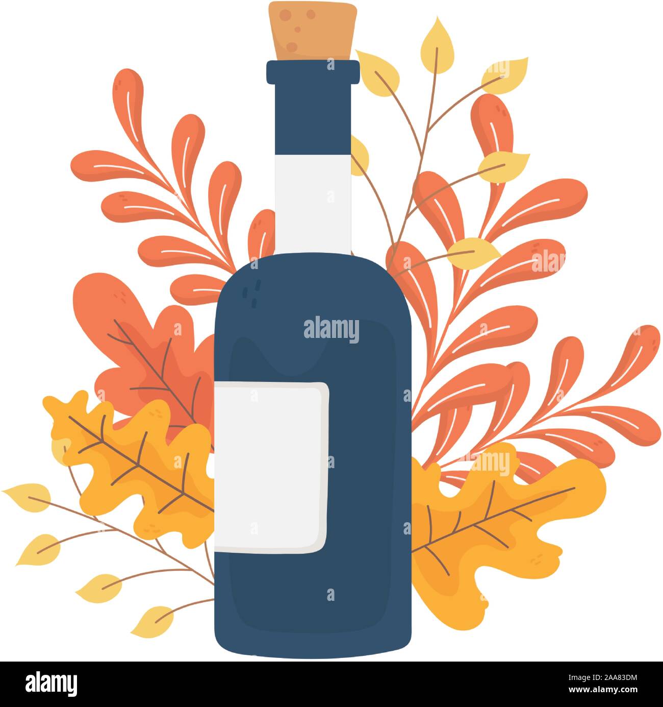 happy thanksgiving day wine bottle foliage autumn vector illustration