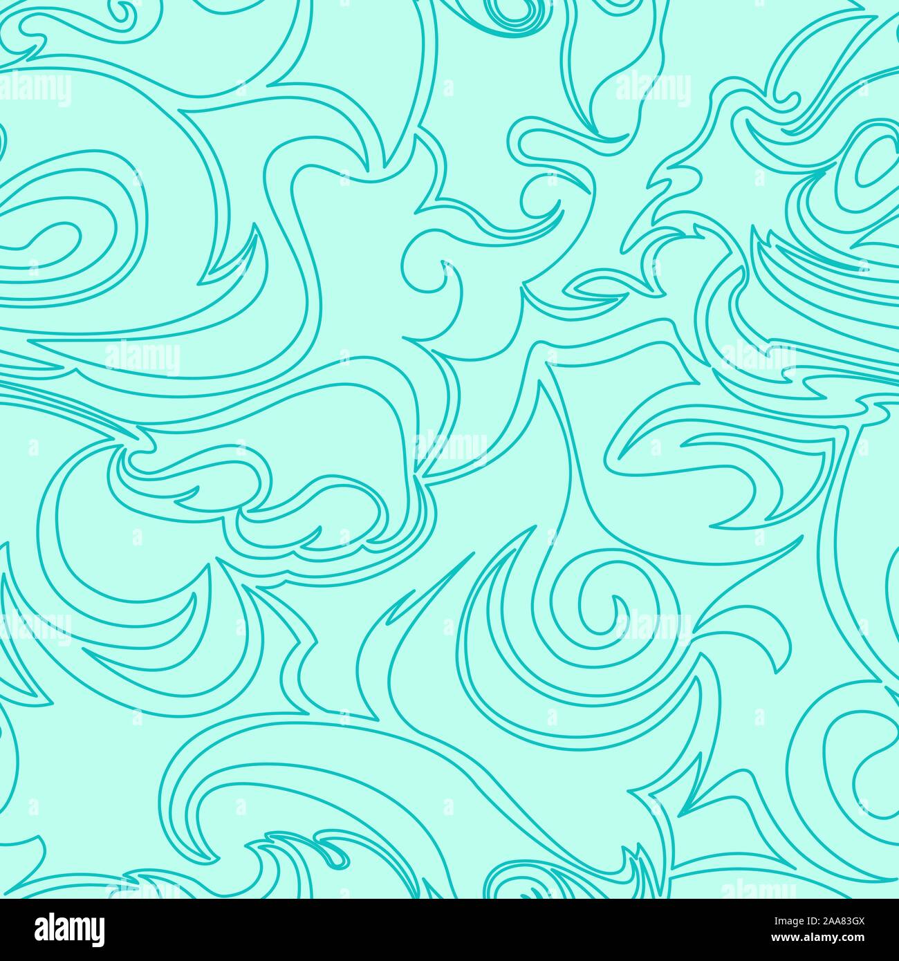 Seamless turquoise texture of spirals and curls in a linear style. Marine pattern in pastel colors. Spiral curls and whirlwind. Stock Vector