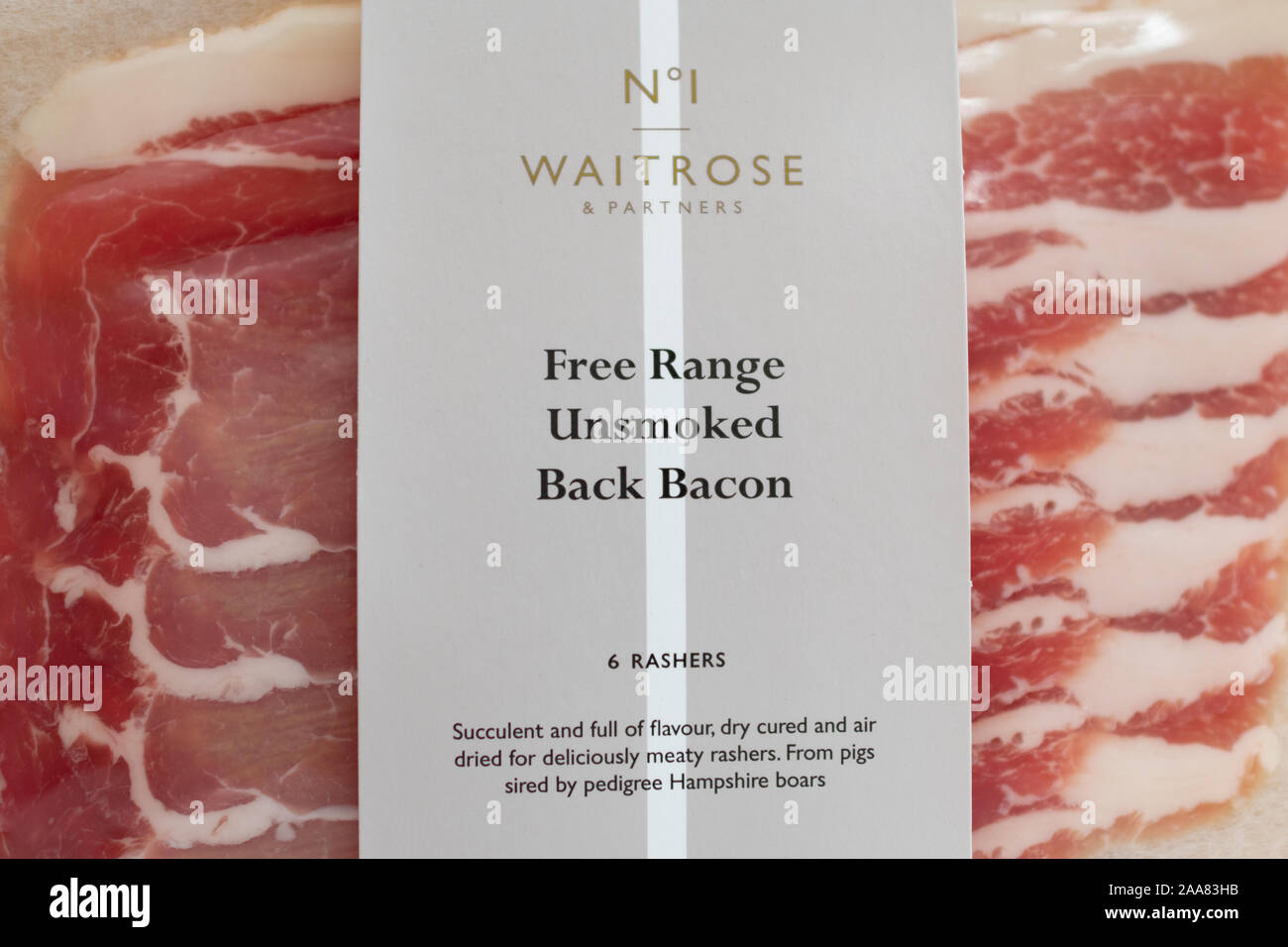 Free range bacon - pack of Waitrose unsmoked back bacon - UK Stock Photo