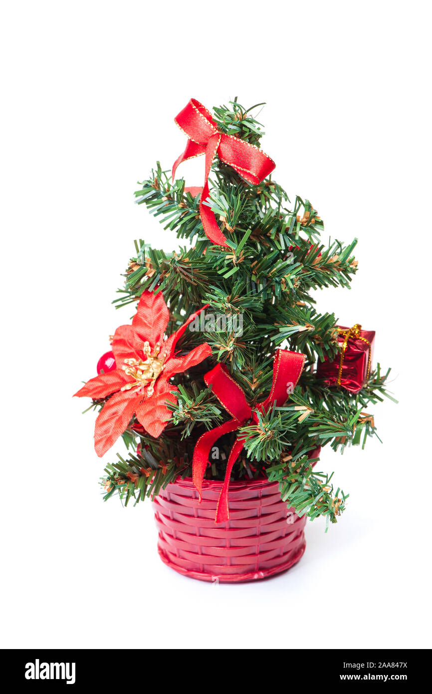 Small Artificial Christmas Tree With Red Decorations Isolated On