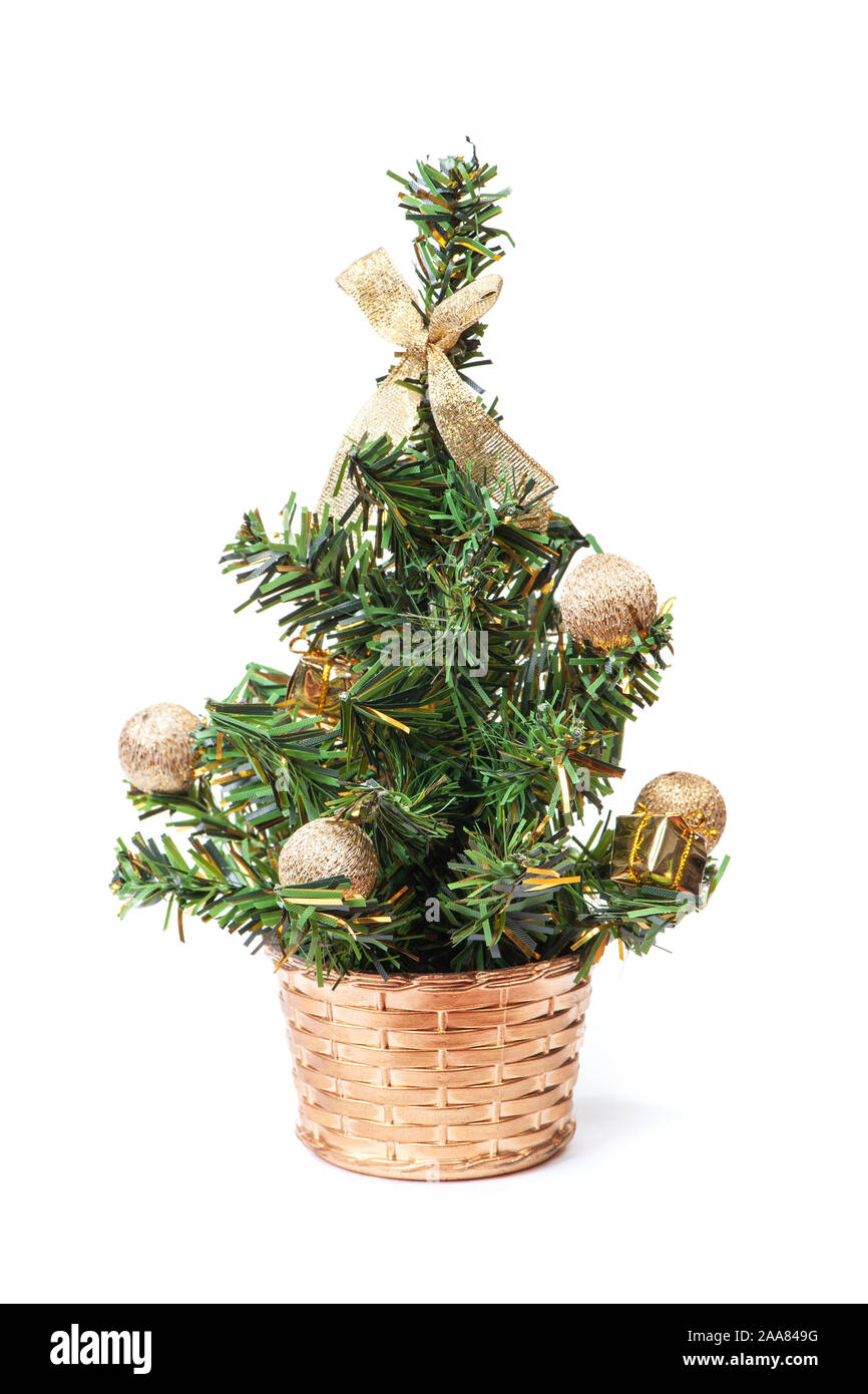 Small Artificial Christmas Tree With Golden Decorations Isolated