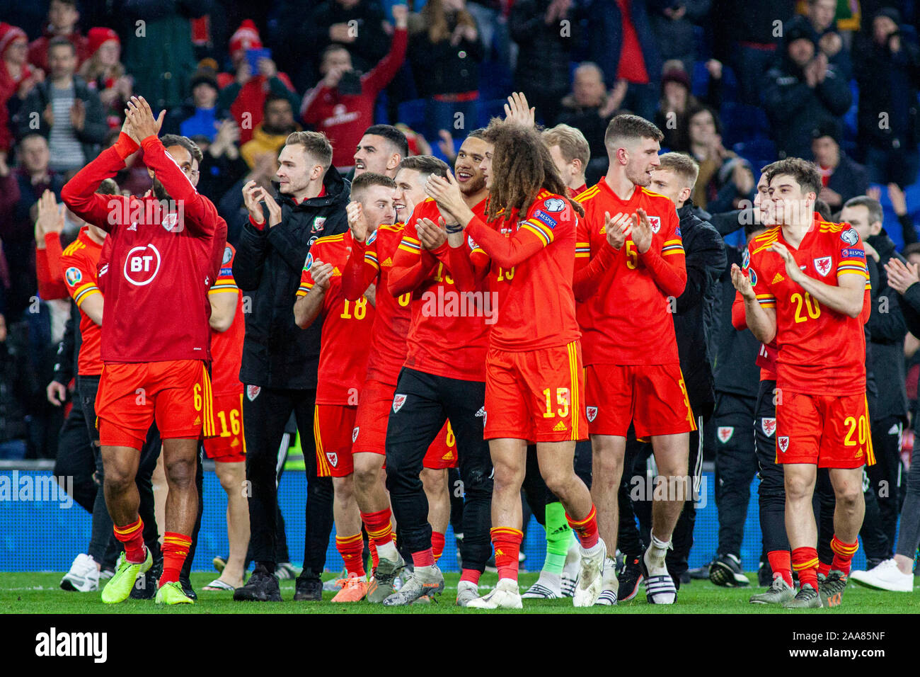 Cardiff, UK. 19th Nov, 2019. Wales players celebrates qualification. UEFA Euro 2020 qualifier group E match, Wales v Hungary at the Cardiff city Stadium in Cardiff, South Wales on Tuesday 19th November 2019. pic by Lewis Mitchell/Andrew Orchard sports photography/Alamy live News EDITORIAL USE ONLY Credit: Andrew Orchard sports photography/Alamy Live News Stock Photo